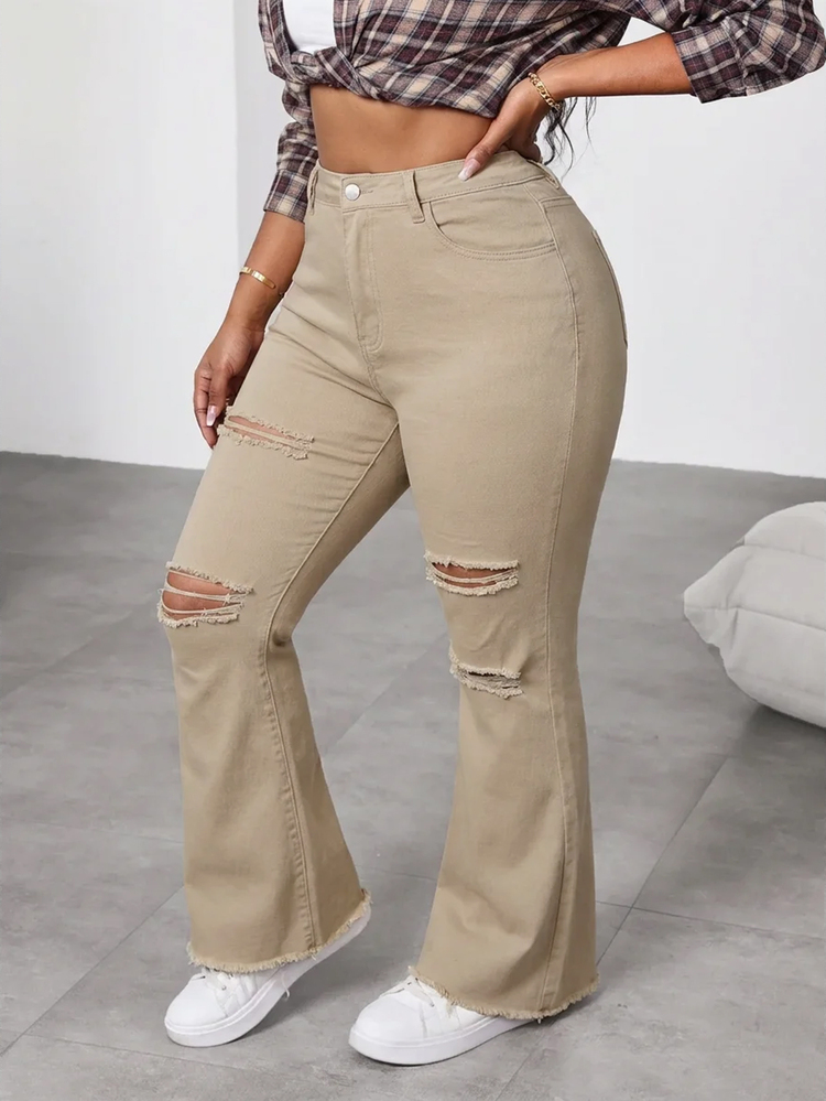 SHEIN CURVE+ Plus Ripped Flare Leg Jeans Fall - Khaki - View 4