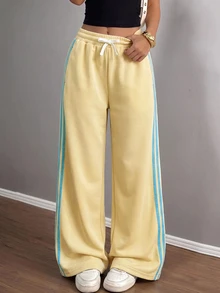 SHEIN Tween Girl Contrast Side Seam Drawstring Waist Wide Leg Pants - Multicolor - View 3