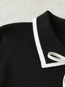 GlowEve CURVE Plus Contrast Trim Tie Front Sweater Autumn Graduation Date Night Black And White Casual Elegant - Black - View 4