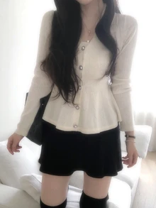 DAZY Solid Button Through Peplum Cardigan Fall Long Sleeve Tops - White - View 7