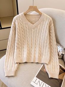 SHEIN Sweater Rajut Kabel Leher V Polos Bahu Jatuh untuk Anak Perempuan Remaja Musim Gugur - Aprikot - View 3