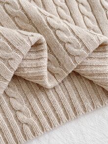 SHEIN Sweater Rajut Kabel Leher V Polos Bahu Jatuh untuk Anak Perempuan Remaja Musim Gugur - Aprikot - View 9