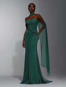 Elitara Twist Front Mesh Formal Dress With Cape - Green - View 5