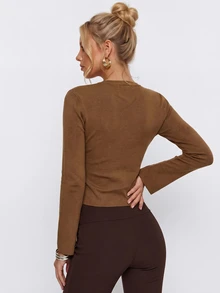 Avantive Button Front Crop Cardigan Office Business Shades Of Brown Autumn Casual,Versatile Everyday Jacket - Brown - View 3