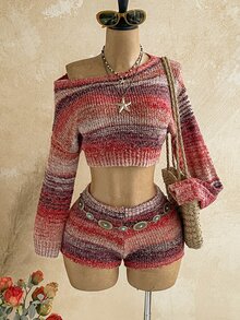 Soleia Space Dye Drop Shoulder Asymmetrical Shoulder Crop Sweater & Knit Shorts Set Without Chain Belt - Multicolor - View 1