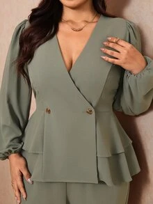 Elaquor Plus Size Solid Surplice Neck Lantern Sleeve Peplum Top & Pants Set Elegant Office Work Set For Women Fall/Winter Casual Daily Going Out Set For Women - Green - View 8