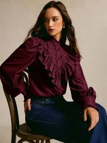 CielaLinda Schiffy Insert Ruffle Trim Lantern Sleeve Shirt - Burgundy - View 7
