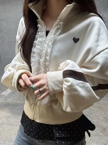FRIFUL Sweatshirt Bermotif Hati dengan Hiasan Ruffle, Bahu Longgar, dan Resleting, Cocok untuk Musim Gugur, Sehari-hari di Sekolah, Warna Putih Gading, Lucu, dan Romantis. - Aprikot - View 7