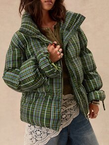 Easelle 格紋印花抽繩袖口羽絨外套 - 綠色 - 查看 5