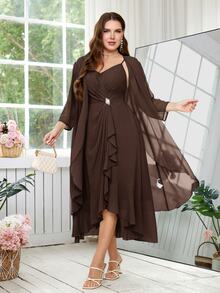 Reflora Vestido de tirantes con detalle de strass & Abrigo de frente abierto - Café integral - Ver 8
