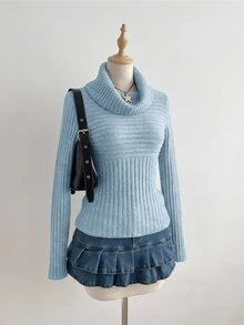 SHEIN Unity Solid Turtleneck Ribbed Knit Sweater - Blue - View 3