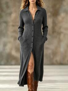 Linhara CURVE Plus Button Front Slant Pocket Dress Fall - Dark Grey - View 1