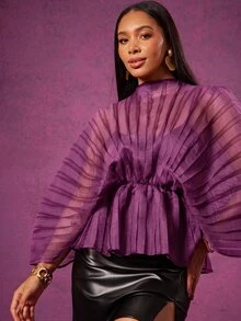 Vixey Funnel Neck Batwing Sleeve Pleated Peplum Hem Semi-Sheer Top - Violet Purple - View 5