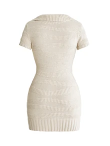 ROMWE Button Detail Foldover Asymmetrical Neck Sweater Dress - Beige - View 2