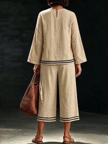 EMERY ROSE Plus Striped Trim Trumpet Sleeve Top & Wide Leg Pants Fall - Khaki - View 2