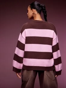 Denimoi Sweater Rajut Leher Bulat Bergaris Kontras Merah Muda & Cokelat untuk Wanita, Pullover Lembut Lengan Panjang Santai, Atasan Kasual Musim Gugur/Dingin - Coklat - View 4