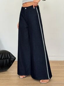 SHEIN Celana Jeans Kaki Lebar dengan Pita Kontras Pinggang Tinggi - Navy Blue - View 4