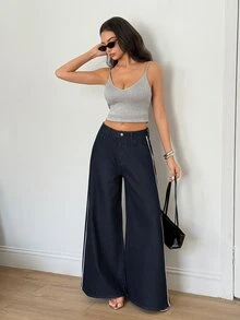 SHEIN Celana Jeans Kaki Lebar dengan Pita Kontras Pinggang Tinggi - Navy Blue - View 6