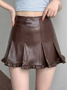 DAZY Solid Fold Pleated Frill Hem PU Leather Skirt Fall Y2k - Brown - View 1