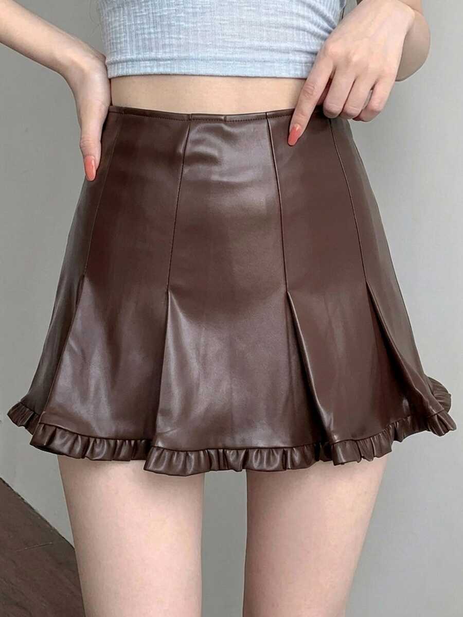 DAZY Solid Fold Pleated Frill Hem PU Leather Skirt Fall Y2k - Brown - View 1