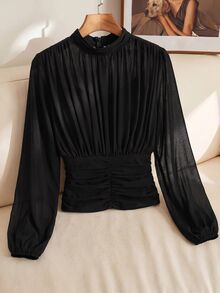 SHEIN Clasi 小高領抓皺燈籠袖女式襯衫 - 黑色 - 查看 5