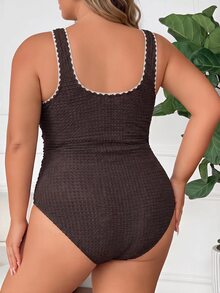 SHEIN CURVE+ 大尺碼對比滾邊連身泳衣 - 棕色 - 查看 3