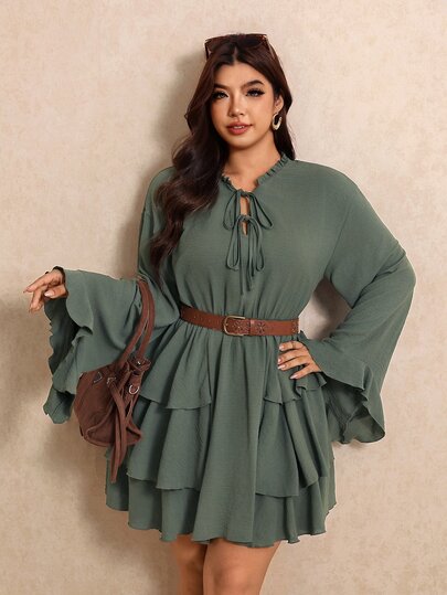 Elaquor Plus Tie Neck Flounce Sleeve Layer Hem Dress Without Belt