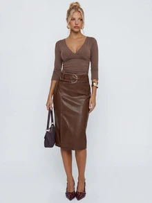 Avantive Women's Brown PU Skirt-An Excellent Choice For Professional Workwear And Autumn Styling. - Brown - View 5
