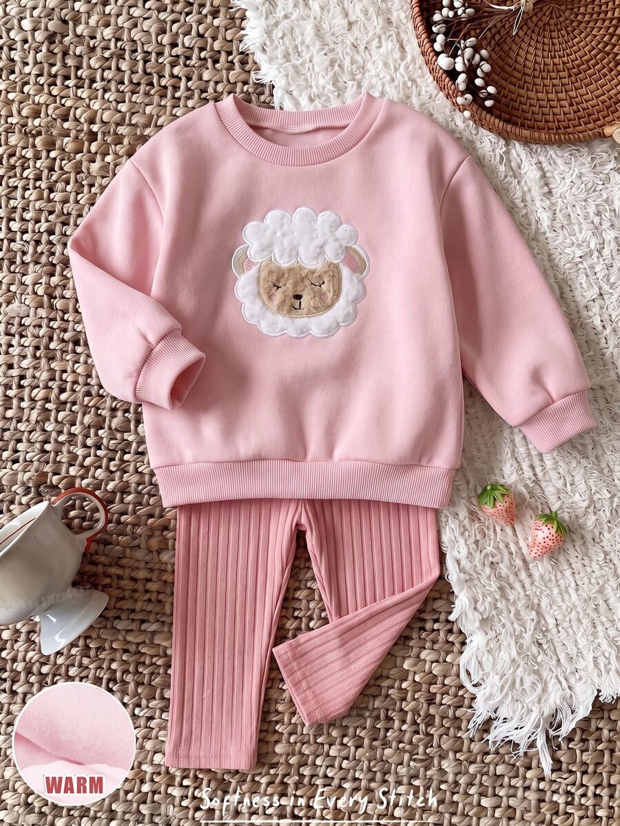 Cozy Pixies 女嬰卡通刺繡保暖內裡運動衫與內搭褲套裝 - 粉色 - 查看 1