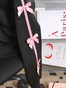 少女蝴蝶結裝飾對比色側邊膠帶連帽衛衣 - 黑色 - 查看 3
