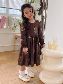 Dazy Kids Young Girl Embroidery Floral Pattern Flare Sleeve Dress Fall - Brown - View 4