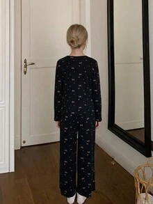 DAZY 少女蝴蝶結印花對比蕾絲飾邊睡衣套裝 秋季 - 黑色 - 查看 2
