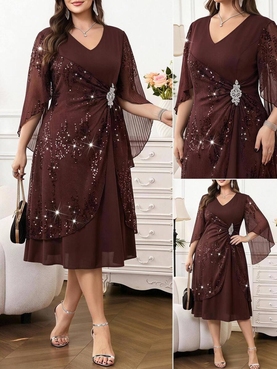 SHEIN Clasi Plus Contrast Sequin Mesh Overlay Dress