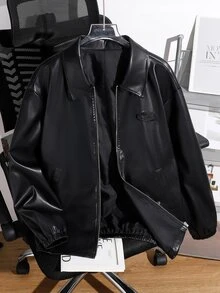 SHEIN 青少年男孩拉鍊式PU皮革夾克 - 黑色 - 查看 4