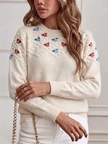 Sprig & Strand Floral Embroidery Drop Shoulder Popcorn Knit Sweater - Apricot - View 7