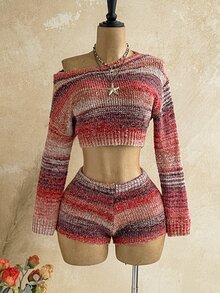 Soleia Space Dye Drop Shoulder Asymmetrical Shoulder Crop Sweater & Knit Shorts Set Without Chain Belt - Multicolor - View 7