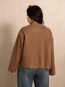 Elaquor Plus Size Suede Flap Pocket Zip Up Jacket Fall - Brown - View 3