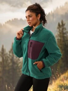 Exploreva Chaqueta de forro polar con cremallera y bloques de color - Verde - Ver 1