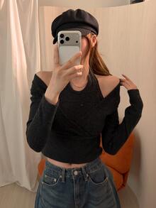 DAZY Solid 2 In 1 Crop Tee Fall - Grey - View 4