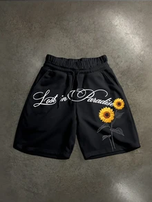 Manfinity ZONE917 Men Sunflower & Letter Graphic Drawstring Waist Shorts - Black - View 1