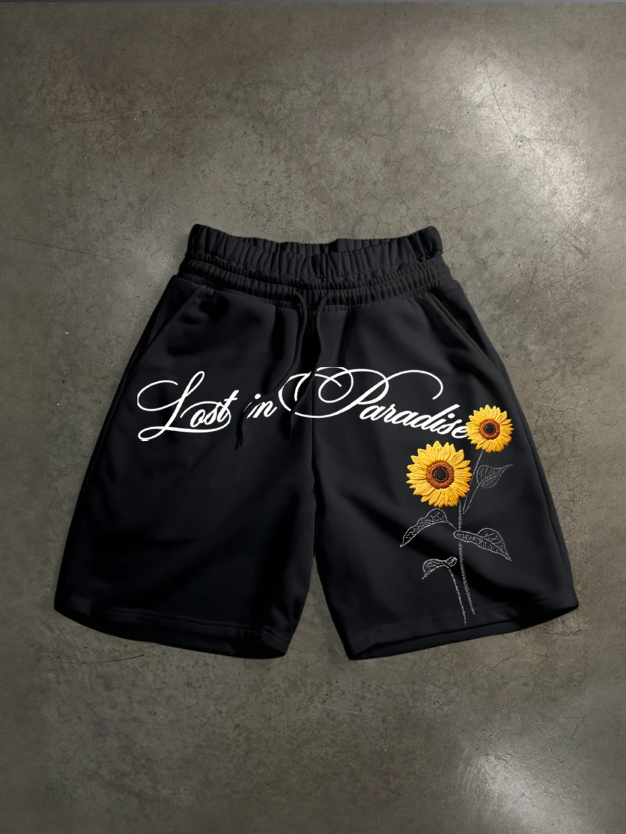 Manfinity ZONE917 Men Sunflower & Letter Graphic Drawstring Waist Shorts - Black - View 1