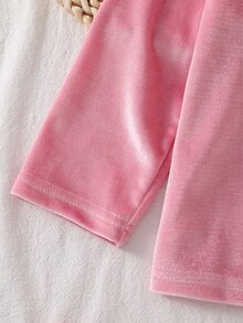 女嬰蝴蝶結刺繡對比滾邊法蘭絨睡衣套裝 - 粉色 - 查看 5