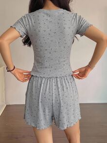 DAZY 碎花印花荷葉邊睡衣套裝 - 灰色 - 查看 2