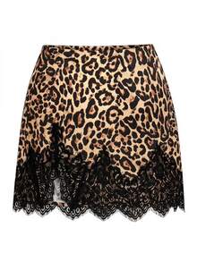 Lavishia Leopard Print Contrast Lace Skirt Without Belt - Khaki - View 3