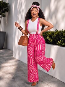 Brilight Patchwork Print Wide Leg Jumpsuit Without Tank Top - Hot Pink - View 6