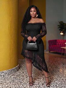 Veslaya Plus Off Shoulder Asymmetrical Hem Lace Dress Fall - Black - View 5