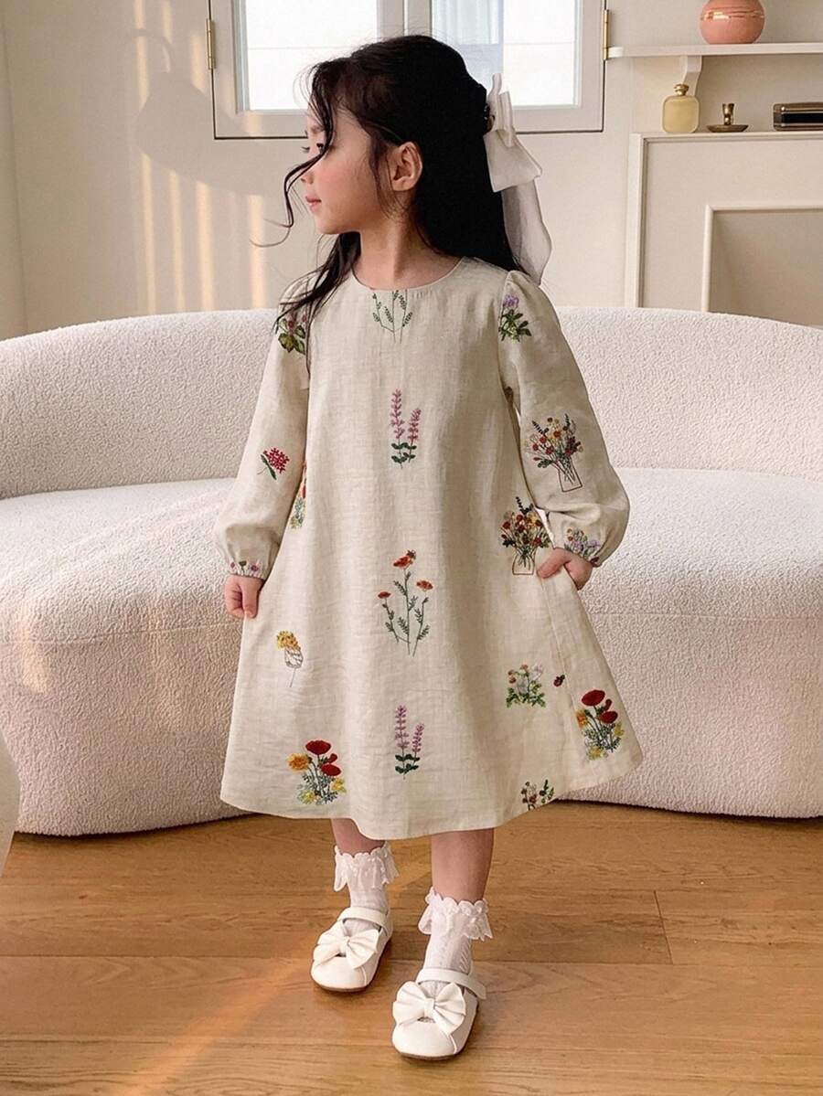 Dazy Kids 女童花卉印花燈籠袖洋裝 秋季 - 杏色 - 查看 1