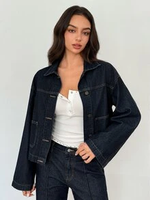 SHEIN Dual Pocket Drop Shoulder Denim Jacket - Navy Blue - View 3