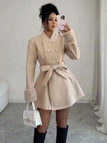 Elenzga Patchwork Faux‑Fur With Side Pockets  Belted Overcoat Office Beige Autumn Elegantrueu - Khaki - View 4