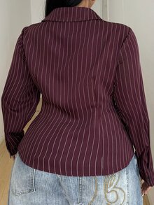 POPSWAY Plus Striped Print Button Front Shirt Fall - Burgundy - View 2